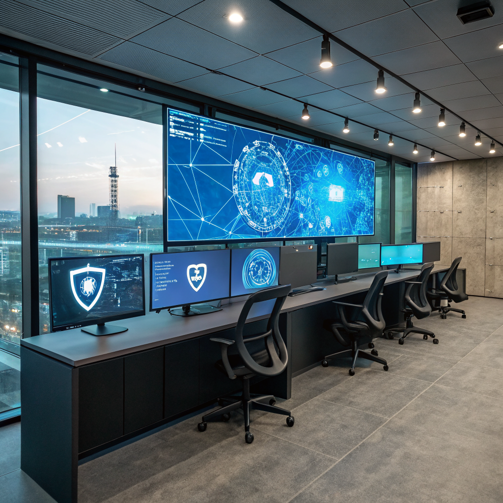 A modern digital security dashboard showing threat protection status and encrypted network connections